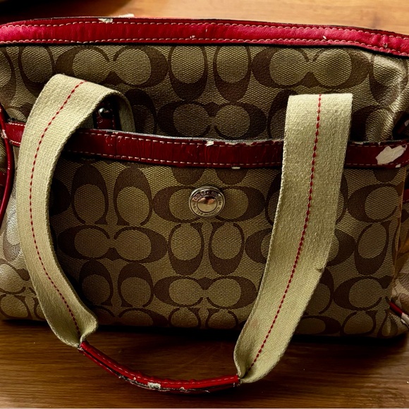 Coach Heritage Stripe Satchel Red leather accents Lot of wear Restoration bag - Picture 8 of 14